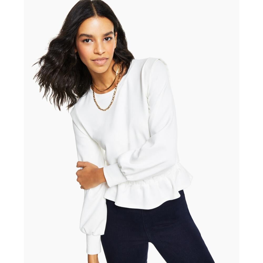 Bar III White Peplum Ruffle Sweatshirt Soft Lux JerseyKnit Feel Top S Small New